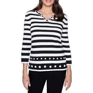 Alfred Dunner Womens 2X Black White Striped 3/4 Sleeve Beaded V-Neck Sweater